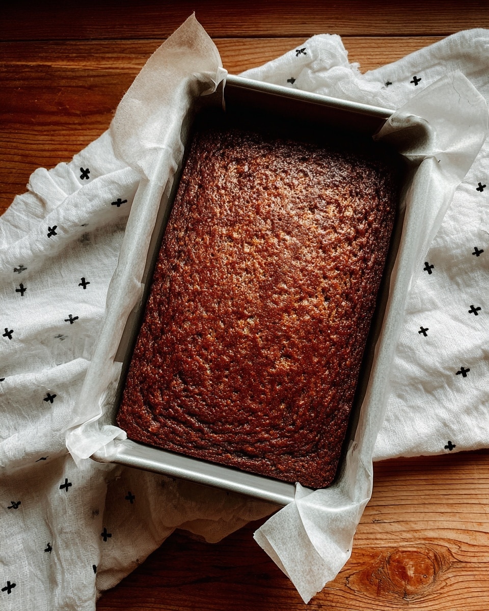 A single-layer rectangular brown cake with a textured, slightly uneven surface in a silver metal baking pan lined with parchment paper, resting on a white cloth with small black crosses on a wooden table replaced by white marbled texture photo taken with an iphone --ar 4:5 --v 7