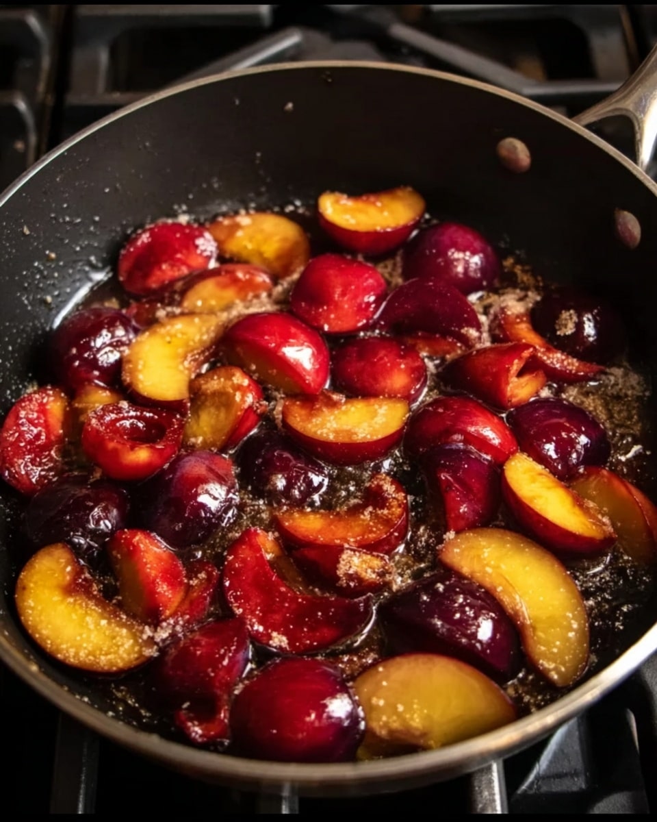 A black frying pan sitting on a stove holds many small, sliced fruit pieces, mostly plums and peaches, with deep red, purple, and yellow-orange colors. The fruit is mixed with a shiny cooking liquid that makes the pieces look glossy and juicy, and some small granules, likely sugar, are scattered throughout. The stove's metal grates and burners are visible around the pan. The scene is vibrant and warm. photo taken with an iphone --ar 4:5 --v 7