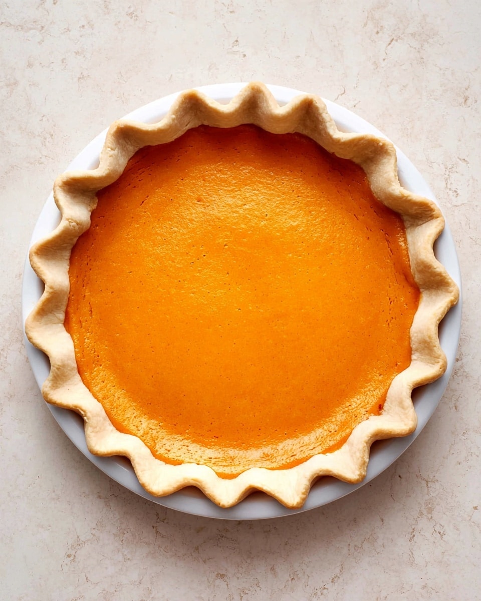 A single-layer pie is shown from above, featuring a smooth, bright orange filling with a slightly glossy surface. The pie crust is light beige with a wavy, crimped edge that rises gently above the filling, forming soft peaks around the circle. The pie rests on a plain white plate, which sits on a white marbled textured surface. The overall look is clean and simple, highlighting the vibrant color of the filling and the neat crust edges. Photo taken with an iphone --ar 4:5 --v 7