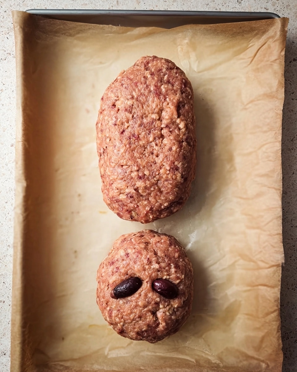 The image shows two oval-shaped raw meat loaves placed vertically on a white marbled textured surface covered with brown parchment paper. The larger meat loaf at the top has a rough, uneven texture with small bits visible, and the smaller one below it has two dark olives embedded near one end, resembling eyes. The loaves have a reddish-pink color with some pale and light brown specks throughout. The setting appears to be a baking tray with edges visible, and the parchment paper has wrinkles and slight oil stains around the loaves. Photo taken with an iphone --ar 4:5 --v 7