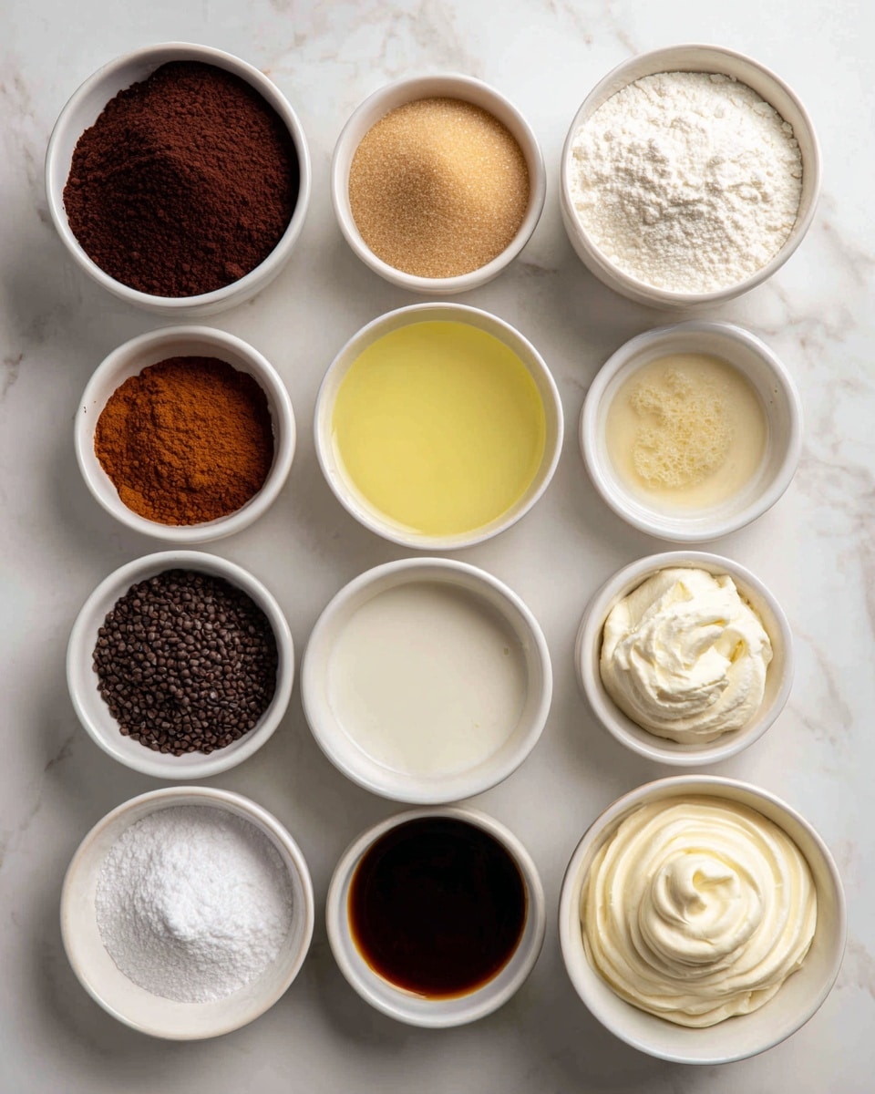 The image shows twelve small white bowls placed on a white marbled surface, each filled with different baking ingredients arranged neatly in a grid pattern. From the top left, there is a bowl of dark brown unsweetened cocoa powder, next to it a bowl of light brown cane sugar, and a bowl holding pale yellow neutral oil. Below, there is a bowl with light yellow apple cider vinegar, a bowl of creamy off-white plant-based milk, and a bowl of white all-purpose flour. Toward the bottom left are smaller bowls containing white baking soda, white baking powder, dark brown instant coffee granules, white sea salt, glossy dark vanilla extract, and light golden unsweetened applesauce. At the bottom right corner is a bowl of smooth white vanilla frosting with a soft, creamy texture. All bowls and their contents have clear color contrast and are positioned to show their textures clearly photo taken with an iphone --ar 4:5 --v 7
