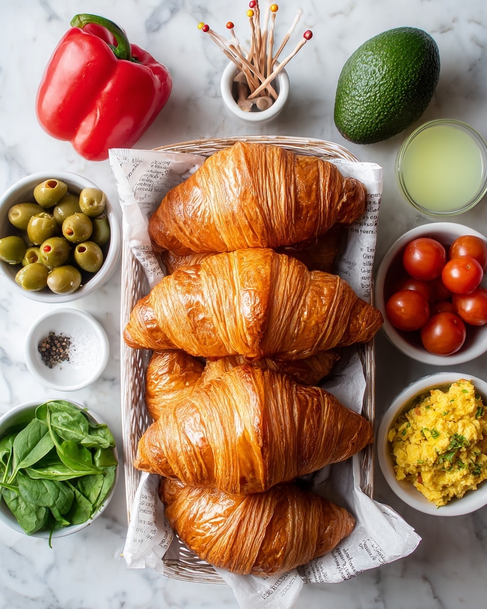 A white basket lined with newspaper holds five large, golden brown croissants with flaky, shiny layers. Above the basket, a whole green avocado sits beside a small white bowl filled with bright red cherry tomatoes. A red bell pepper is centrally placed with a small white bowl of homemade tofu scramble, showing crumbly, yellow textured pieces, above it. To the left, a small white bowl contains whole green olives stuffed with red pimento, near a small bundle of toothpicks. A small white bowl of lime juice with pale yellow liquid is near a tiny white bowl of salt and black pepper. At the bottom left, a small white bowl holds fresh baby spinach leaves. Everything is arranged neatly on a white marble background. Photo taken with an iphone --ar 4:5 --v 7
