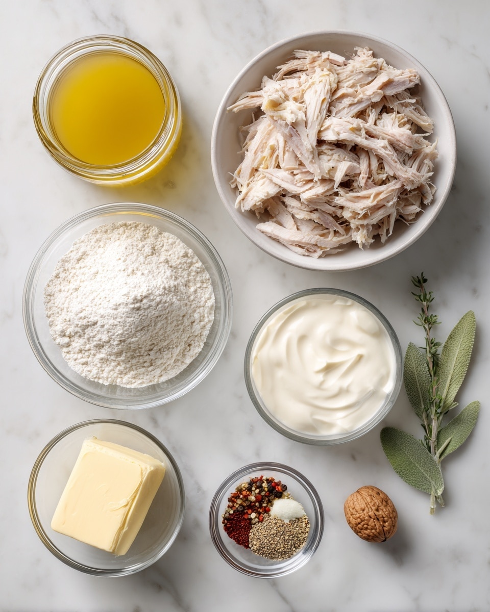 The image shows eight separate ingredients placed on a white marbled surface. On the top left, there is a small glass jar with yellow chicken stock. To the right is a white bowl filled with shredded leftover turkey, with pale pink and light brown shades. Below the chicken stock is a small clear glass bowl of white flour. Next to it on the right is another small clear glass bowl filled with smooth white cream. Below the flour is a small clear glass bowl containing a pale yellow block of butter. To the right of the cream is a small clear glass bowl with mixed spices, showing red, black, and white granules. Near the bottom, slightly left, there is a small green tarragon sprig with narrow leaves. At the top right near the spices is a whole nutmeg, small and brown. The image is clean and bright with labels in black text above or below each ingredient. Photo taken with an iphone --ar 4:5 --v 7