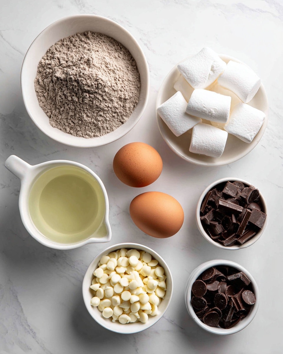 The image shows six separate groups of ingredients arranged neatly on a white marbled surface. Starting at the top left, there is a red box of dark chocolate brownie mix with a picture of rich, dark brown brownies on it. To the right of the box, a cluster of white marshmallows with a soft, fluffy texture sits next to two brown eggs with smooth shells. Below the eggs is a small white bowl filled with clear water. At the bottom left, a white measuring cup holds golden yellow oil, followed by a small white bowl full of creamy white chocolate chips. Finally, next to that, another small white bowl contains dark black candy melts with a shiny surface. The overall arrangement is clean and organized. photo taken with an iphone --ar 4:5 --v 7