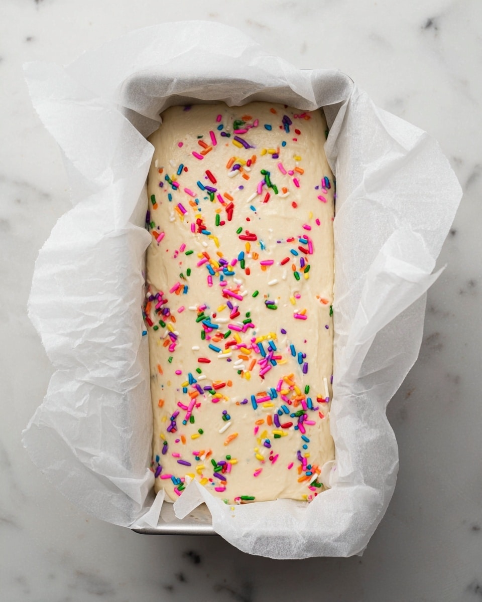 The image shows a single rectangular layer of light cream-colored batter in a white parchment-lined loaf pan. The batter is smooth with small colorful sprinkles scattered evenly throughout the top, including red, green, blue, purple, pink, yellow, and orange. The parchment paper folds around the edges of the pan, with some wrinkled sections extending above the pan rim. The background is a white marbled surface. photo taken with an iphone --ar 4:5 --v 7