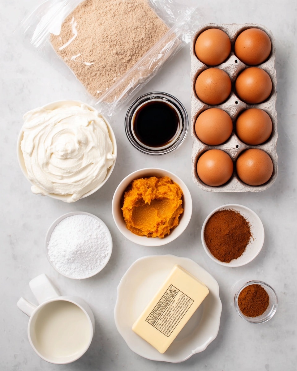 The image shows various baking ingredients laid out on a white marbled surface. There are eight brown eggs placed in a white egg carton on the right. Above and to the left are a clear plastic bag filled with light brown powder and a small glass bowl filled with dark liquid, likely vanilla extract. Several small white bowls contain different ingredients: one with thick white cream or frosting at the top left, one with bright orange pumpkin puree at the bottom right, one with brown powdered spice near the center bottom, and one with white granulated powder just below the eggs. In the center lies a stick of light yellow butter with text on its wrapper. A white cup holding light, creamy liquid sits at the bottom left. The arrangement is orderly and clean. Photo taken with an iphone --ar 4:5 --v 7