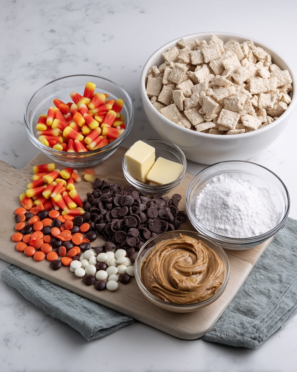 A white marbled surface holds a pale wooden board filled with ingredients for a dessert. On the board are seven groups: a small glass bowl of smooth, light brown peanut butter in the front right; next to it, a small glass bowl of dark brown chocolate chips; a bigger glass bowl filled high with fine white powdered sugar behind the peanut butter; a small glass bowl with a cube of light yellow butter near the powdered sugar; a pile of miniature dark brown peanut butter cups in the center; several candy corn pieces and white chocolate chips arranged side by side to the left; and a cluster of circular candy eyeballs and round candies in red, orange, and brown shades scattered at the front left. Behind the board, a large white bowl filled with light beige square cereal pieces is placed. A folded gray cloth lies at the front right edge of the board. Photo taken with an iphone --ar 4:5 --v 7