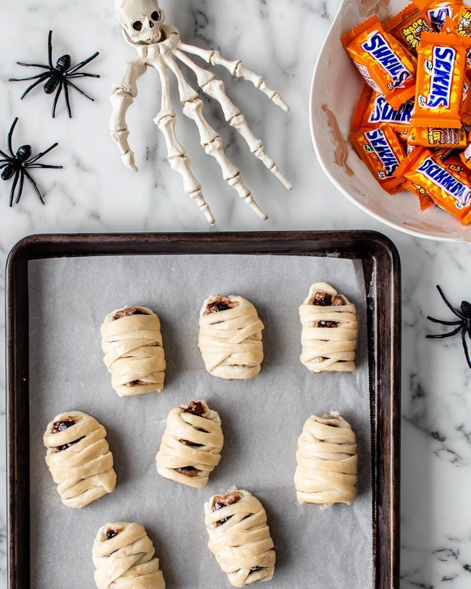 The image shows a baking tray lined with parchment paper holding eight small mummy-shaped pastries arranged in three rows, each with a base layer of light beige dough wrapped with thin strips, revealing a dark chocolate piece peeking through the center, giving a wrapped look. To the right of the tray, there is a white dish with an orange and yellow pattern filled with small Snickers candy bars. Above the tray, a large white skeletal hand prop reaches toward the pastries, and two black plastic spider decorations rest on the white marbled surface background. photo taken with an iphone --ar 4:5 --v 7