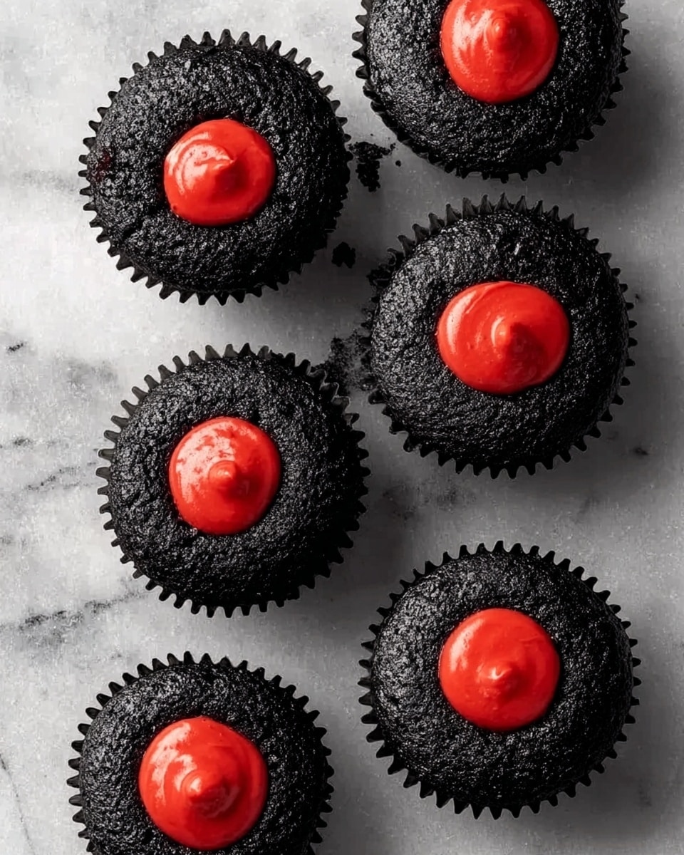 Six black cupcakes with a rough, crumbly texture, each topped with a smooth dollop of bright red frosting in the center, arranged loosely on a white marbled surface. The cupcakes sit in black paper liners with a ridged pattern, creating a strong contrast between the dark cake and the vibrant red topping, all viewed from above. photo taken with an iphone --ar 4:5 --v 7