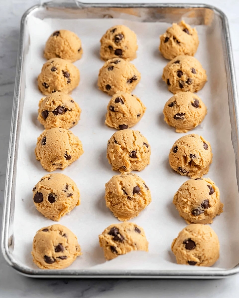 A metal baking tray holds fifteen scoops of cookie dough arranged in four uneven rows on white parchment paper. Each scoop is light brown with a slightly rough texture and speckled with dark chocolate chips that are unevenly placed. The cookie dough mounds have a soft, rounded shape with some uneven edges. The tray edges are silver and slightly reflective. The background is a white marbled texture. photo taken with an iphone --ar 4:5 --v 7