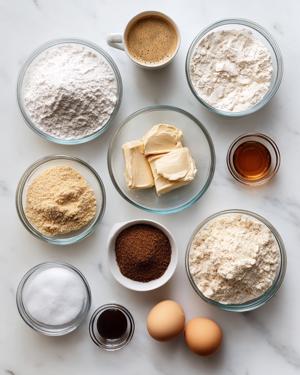 A top view of various baking ingredients arranged on a white marbled surface, featuring a white cup of brewed espresso with light brown foam, a glass bowl of powdered sugar with a fine white texture, a glass bowl of flour with a soft, powdery white appearance, a glass bowl of creamy light brown butter, a small glass bowl of chai spice mix with a dark brown, fine texture, a small glass bowl of baking powder with a white, powdery texture, a small glass bowl of golden almond flour with a slightly grainy look, a small glass bowl of white salt crystals, a small glass bowl of dark amber vanilla extract, a medium glass bowl of light brown packed brown sugar, a medium glass bowl of white granulated sugar, and two light brown eggs placed directly on the surface, all evenly spaced and neatly displayed photo taken with an iphone --ar 4:5 --v 7