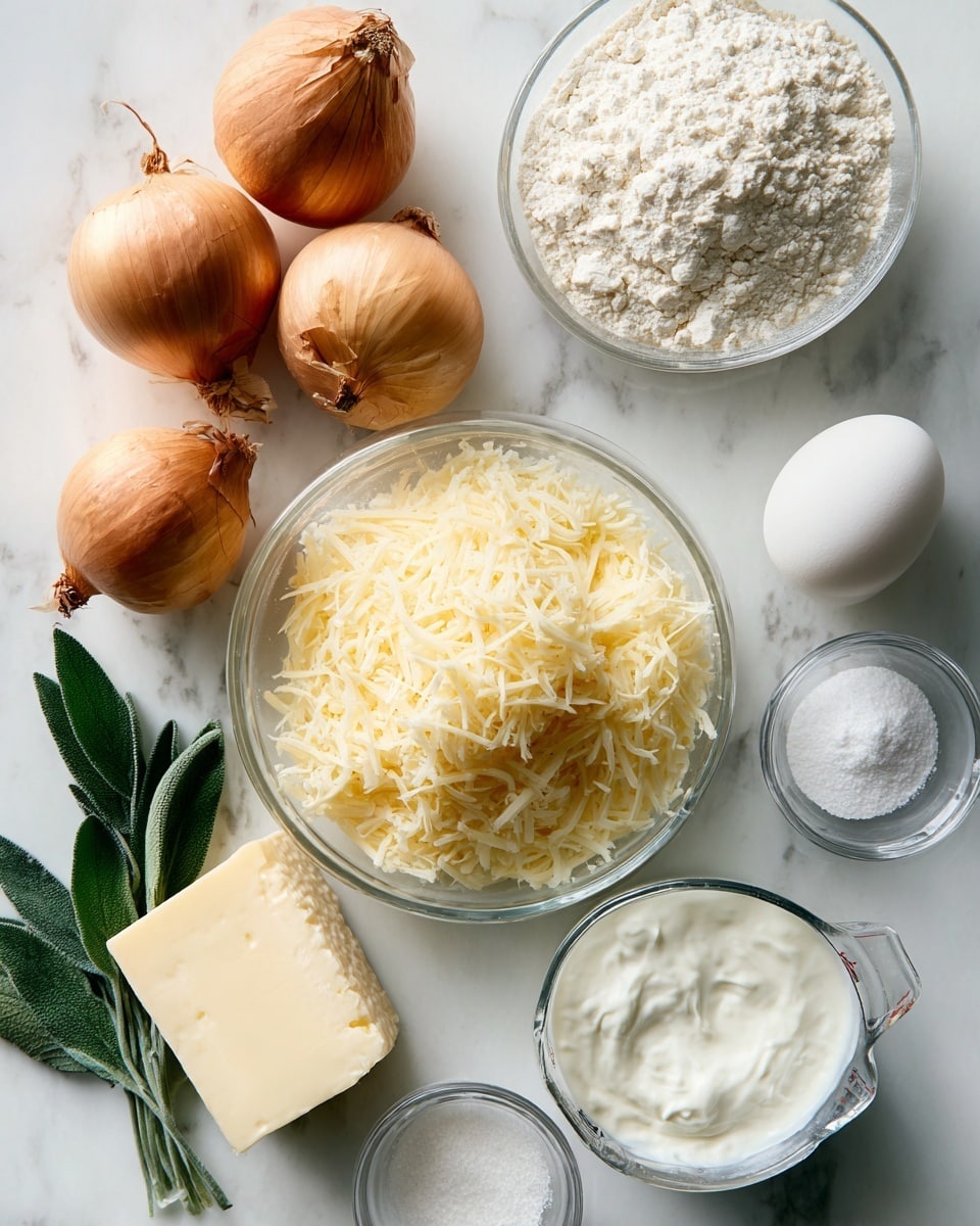 Two whole light brown onions sit on a white marbled surface, next to a glass bowl filled with white flour. To the right is a clear glass measuring cup with white heavy cream. Below the flour is a glass bowl packed with shredded pale yellow Gruyere cheese. A small stack of bright green sage leaves is near a stick of wrapped pale yellow butter. Nearby is a single white egg. In small clear glass bowls are white baking powder, white sugar, and white salt, all arranged neatly on the white marbled surface. photo taken with an iphone --ar 4:5 --v 7