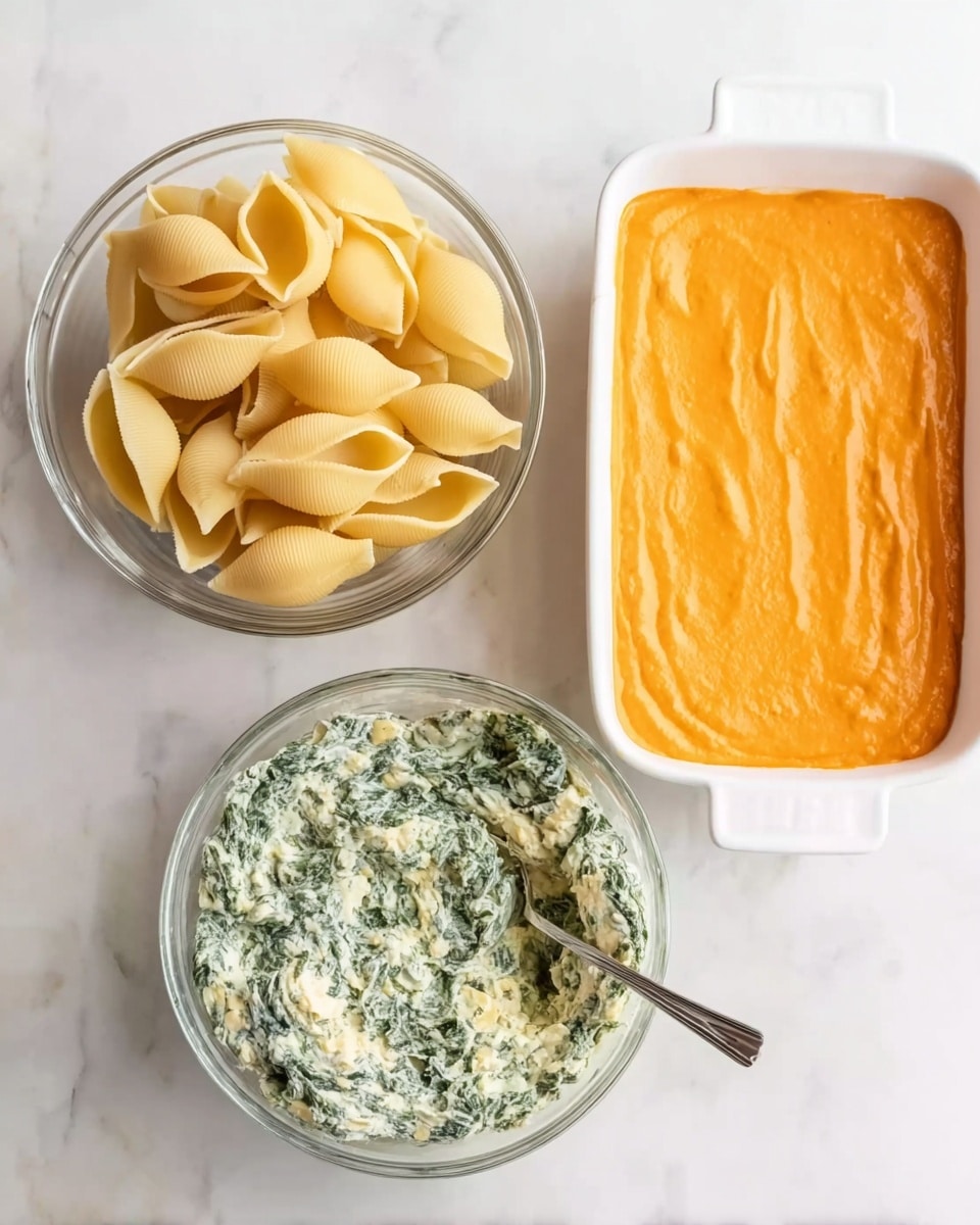 The image shows three containers on a white marbled surface. On the left, a clear glass bowl holds large pale yellow pasta shells stacked loosely. On the right top, a white rectangular baking dish contains a smooth, thick layer of bright orange sauce covering the base evenly. Below that, another clear glass bowl is filled with a textured, creamy green and white mixture of spinach and cheese, with a silver spoon resting inside. The overall look is clean and organized, ready for assembly photo taken with an iphone --ar 4:5 --v 7