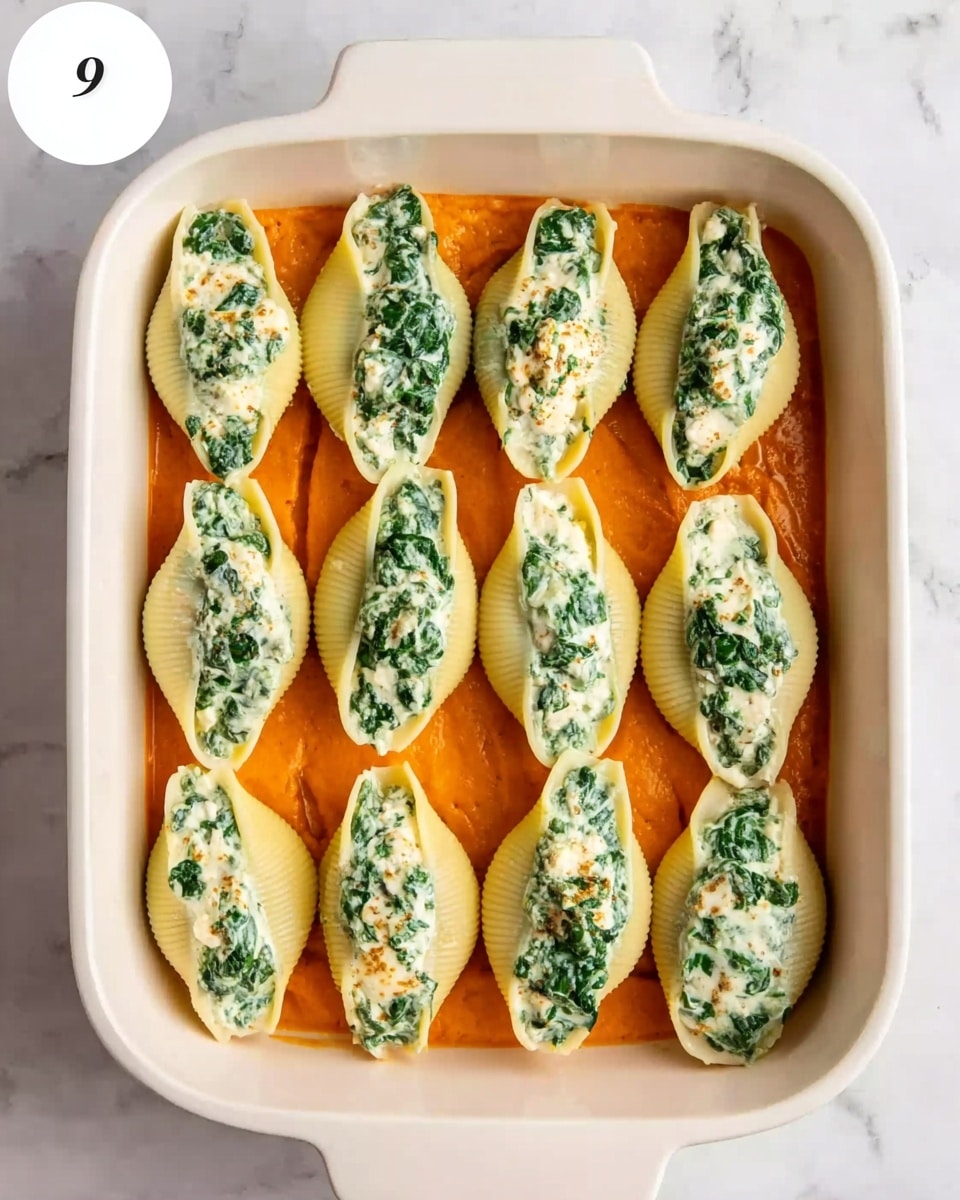 The image shows a white baking dish filled with a single layer of twelve large pasta shells placed upright in four neat rows. Each shell is stuffed with a mixture of white ricotta cheese and bright green chopped spinach. Beneath the pasta, an orange-colored sauce spreads evenly across the bottom of the dish, providing a vibrant base contrast. The dish is set on a white marbled surface, and there is a white circular label with the number