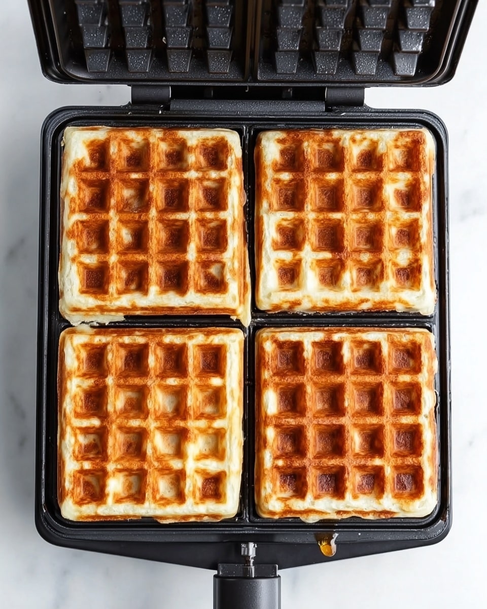 Four square waffles sit inside a black waffle maker on a white marbled surface. Each waffle has a golden brown color with a crispy texture and a grid pattern of deep pockets. The waffles are evenly cooked with small darker spots scattered across the surface, and the edges are slightly raised and crisp. The waffle maker is open, showing the top heated plate with the same grid pattern but no waffles on it. A small drip of batter can be seen on the edge of the waffle maker. photo taken with an iphone --ar 4:5 --v 7