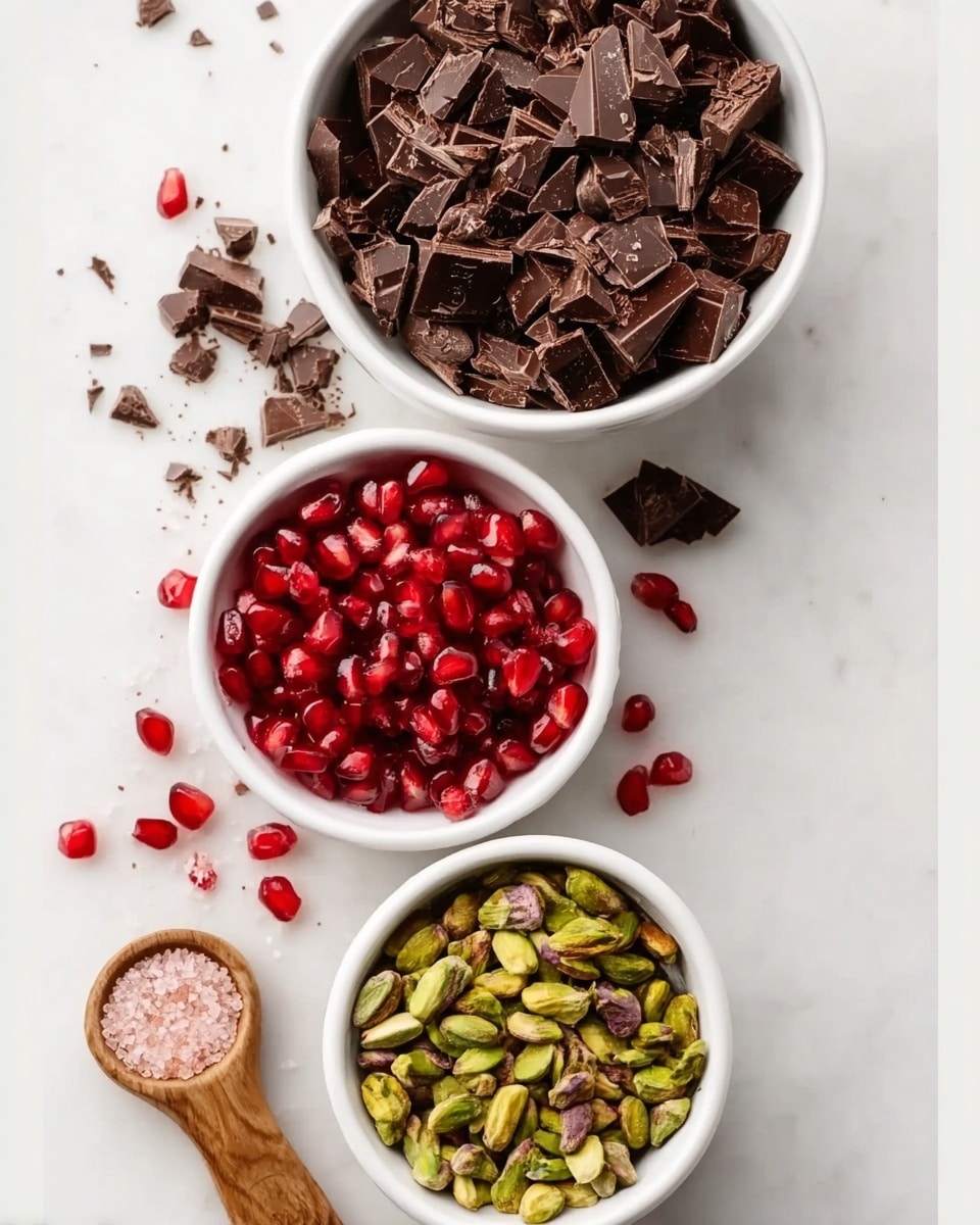 The image shows three white round bowls placed on a white marbled surface. The top bowl is filled with irregular pieces of dark brown chopped chocolate, with some chocolate pieces scattered nearby on the surface. Below that, the middle bowl contains bright red pomegranate seeds, with a few seeds spread outside the bowl. The bottom bowl has roughly chopped green pistachio nuts, with some nuts scattered around it. A small wooden measuring spoon with pink salt lies near the bottom left of the image. The photo taken with an iphone --ar 4:5 --v 7