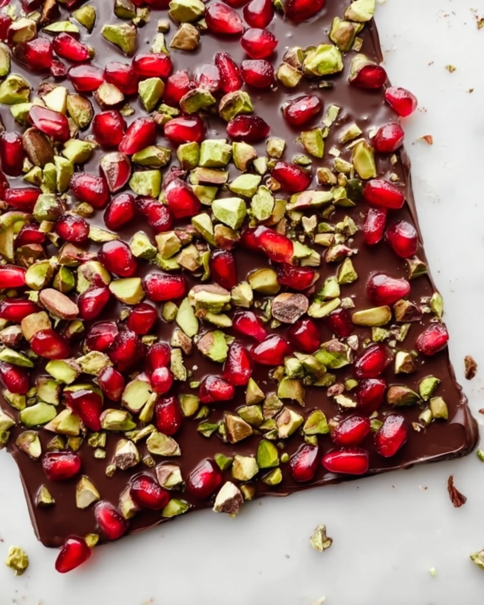 A flat, square-shaped layer of dark chocolate spread evenly on a white marbled surface, topped generously with bright red pomegranate seeds and chopped green pistachios scattered thickly over the chocolate, creating a colorful contrast with the glossy dark brown base, the texture is smooth from the chocolate with crunchy elements from the seeds and nuts visible on top photo taken with an iphone --ar 4:5 --v 7