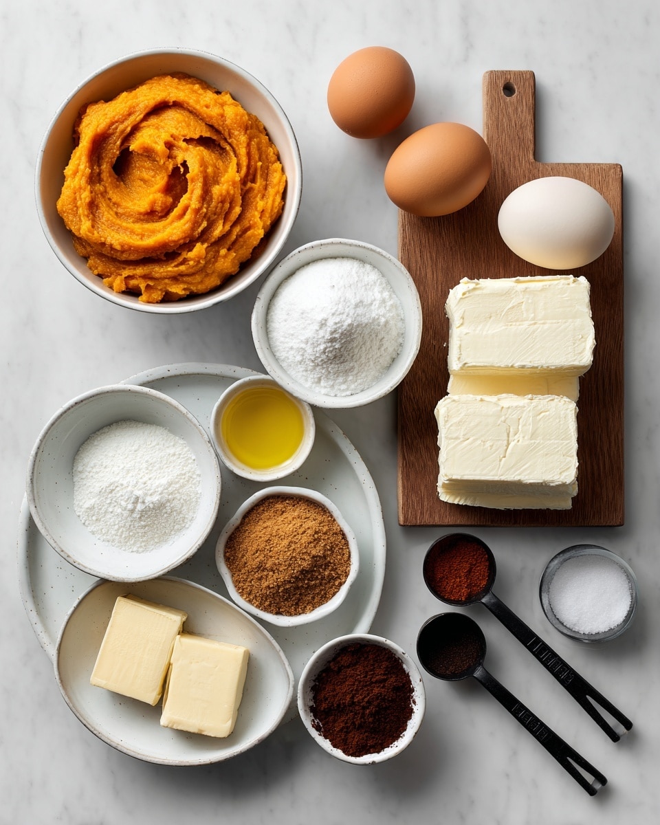 A clean, white marbled surface holds several baking ingredients arranged neatly. At the top left, a white bowl contains bright orange pumpkin puree with a thick texture. Below it is another white bowl filled with fine white sugar. Two brown eggs sit beside these bowls. To the right, cream cheese blocks lie stacked on a small wooden board, showcasing a smooth, creamy white texture. Next to the cream cheese, three black measuring spoons hold warm brown and reddish spices and a dark liquid. Toward the bottom, a white plate holds the chocolate graham cracker crust components: a white bowl of light brown graham cracker crumbs, a small white bowl with granulated sugar, a small white bowl with melted yellow butter, another white bowl with cocoa powder, and two black measuring spoons containing dark liquid and salt. Each ingredient is carefully placed and clearly visible. photo taken with an iphone --ar 4:5 --v 7