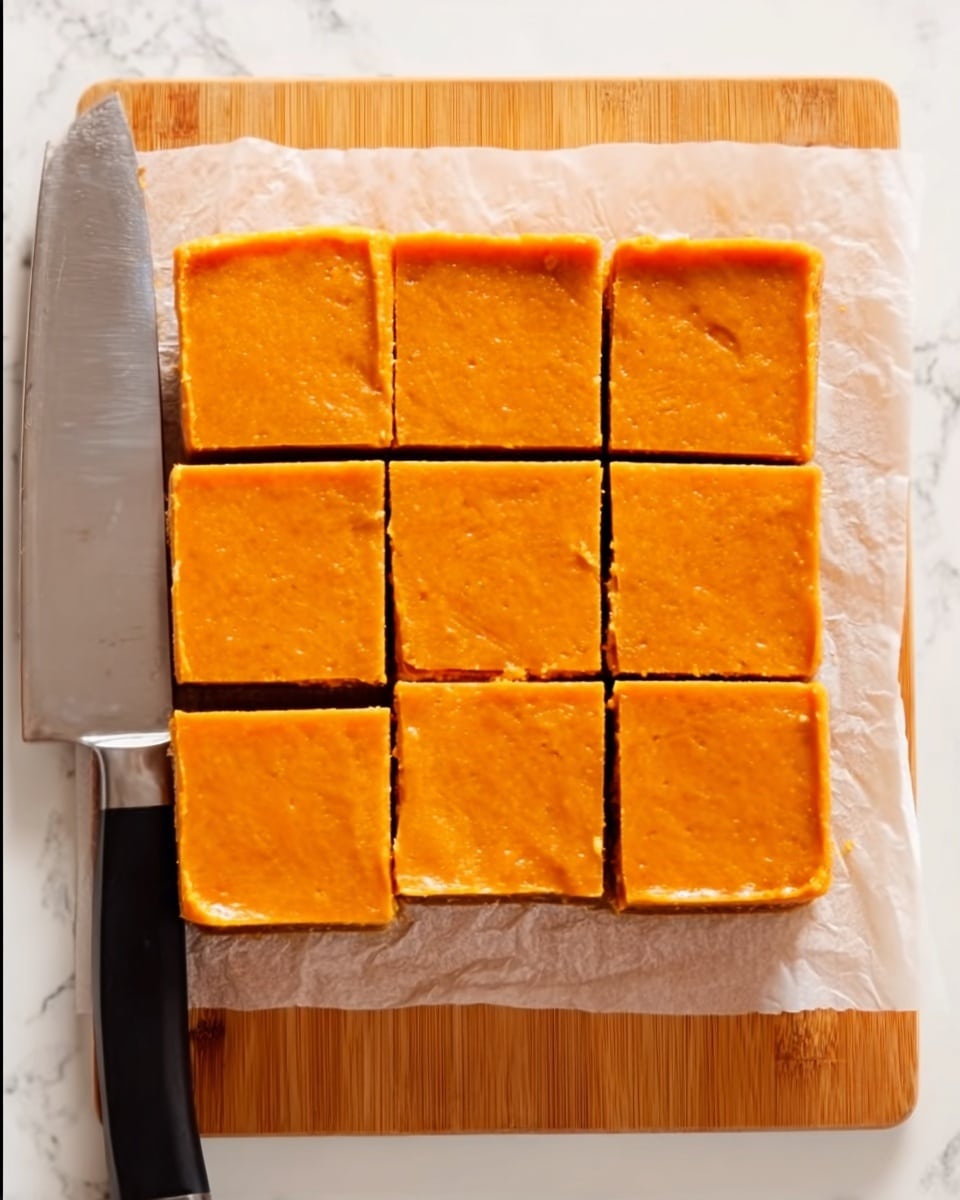The image shows a smooth orange dessert cut into nine square pieces arranged in a 3x3 grid on a piece of parchment paper. The dessert has a flat, glossy top layer with slight variations in texture and a thin darker crust visible at the edges. It is placed on a wooden cutting board, with a large knife lying to the left side. The knife has a silver blade and a black handle. The background and surface beneath the cutting board have been replaced with a white marbled texture. photo taken with an iphone --ar 4:5 --v 7