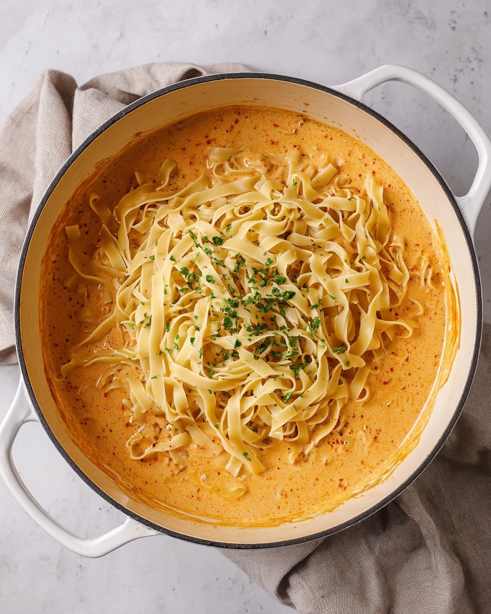 A white pot filled with two main layers: the bottom layer is a creamy orange sauce with visible small herbs and spices, smooth and thick; the top layer is a heap of flat, pale yellow noodles placed loosely over the sauce; small pieces of green herbs are sprinkled over the noodles for color contrast. The pot rests on a soft beige cloth, all placed on a white marbled surface. photo taken with an iphone --ar 4:5 --v 7