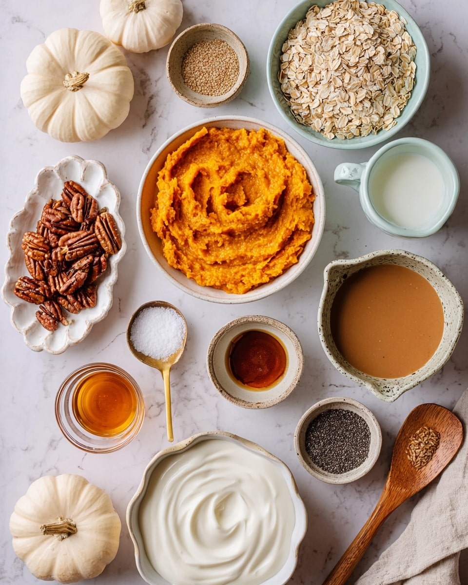 The image shows an overhead view of various ingredients arranged on a white marbled surface. There are two small white pumpkins at the bottom left. At the top right is a white bowl filled with dry rolled oats, with a golden spoon resting inside. In the center, a white bowl contains bright orange mashed pumpkin with a smooth texture and visible swirling patterns. To its right, a light blue cup holds a smooth brown liquid, likely nut butter. Below the pumpkin mash is a white bowl with creamy white yogurt, also swirled. A clear measuring cup filled with a white liquid, possibly milk, is at the bottom right. On the left side are a white scalloped dish with brown pecans, a small beige bowl with a mixture of cinnamon and salt, a glass bowl of amber honey, and a small white bowl with dark vanilla extract. There is also a small orange bowl containing black chia seeds with a white measuring spoon marked
