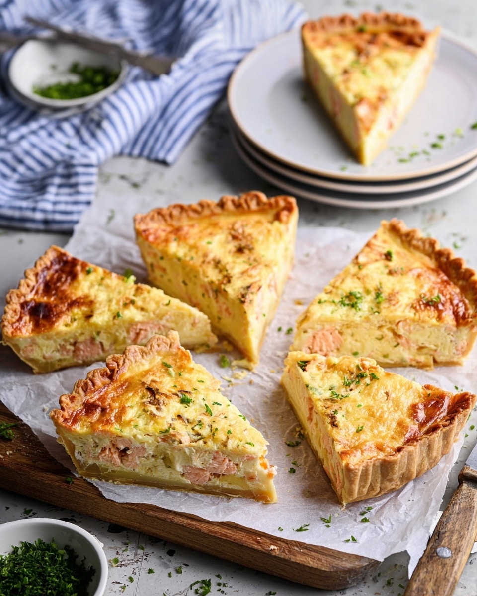 A large round pie with a thick, golden-brown crust that is crimped around the edges sits on white parchment paper on a wooden board. The filling is a creamy yellow color with a slightly darker browned border, dotted with small pieces of orange and white, and sprinkled with finely chopped green herbs. Around the pie, there are small bowls with bright pink pickled vegetables and chopped green herbs, along with a knife with a wooden handle resting on the board. The background is a white marbled surface with sprigs of fresh green herbs and a blue and white striped cloth nearby. Photo taken with an iphone --ar 4:5 --v 7