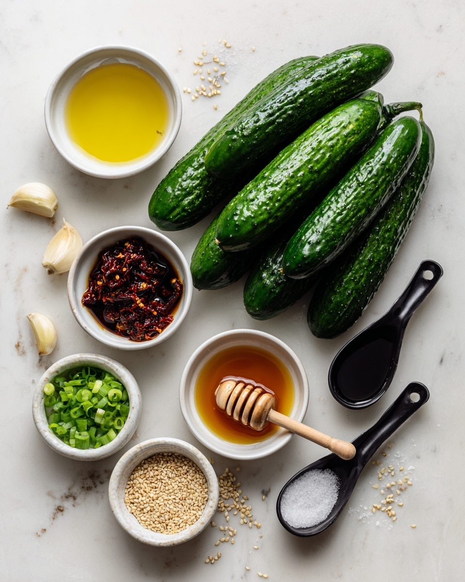The image shows fresh mini cucumbers grouped on a white marbled surface, surrounded by several small white bowls and black spoons holding various ingredients: sea salt in a black spoon with coarse white crystals at the top left, rice vinegar in a white bowl with a pale yellow liquid, soy sauce in a white bowl with a dark brown liquid, chili crisp in a white bowl with bright red chili flakes and oil, honey in a white bowl with golden honey and a wooden honey dipper, roasted sesame oil in a black measuring spoon with a dark amber liquid accompanied by two peeled garlic cloves, green onions chopped into small vibrant green pieces in a white bowl, and sesame seeds in a black spoon with small light beige seeds scattered around. Each ingredient is labeled with handwritten-style black text and arrows pointing to them. Photo taken with an iphone --ar 4:5 --v 7