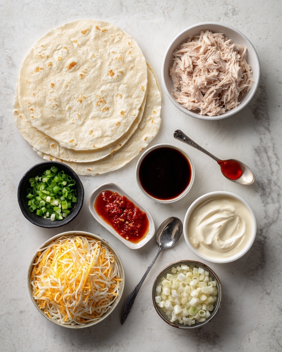 The image shows ingredients neatly arranged on a white marbled surface with labels pointing to each. There are two large tortillas positioned side by side in the center, light cream in color with a soft texture. Above the tortillas, there is a small bowl filled with flaky light pink tuna. To the right of the tuna, a small bowl holds smooth, creamy white mayo. Below that, a black dish with three sections contains finely chopped green onions in the top section, dark soy sauce in the middle, and bright red sriracha at the bottom. Between the tortillas and this black dish, a small silver spoon holds chili crisp, which is red with visible chili flakes. Below the tortillas is a white bowl full of shredded cheddar and mozzarella cheese, showing shreds of pale yellow and orange. Next to the cheese, a small white bowl holds chopped white water chestnuts. The photo taken with an iphone --ar 4:5 --v 7