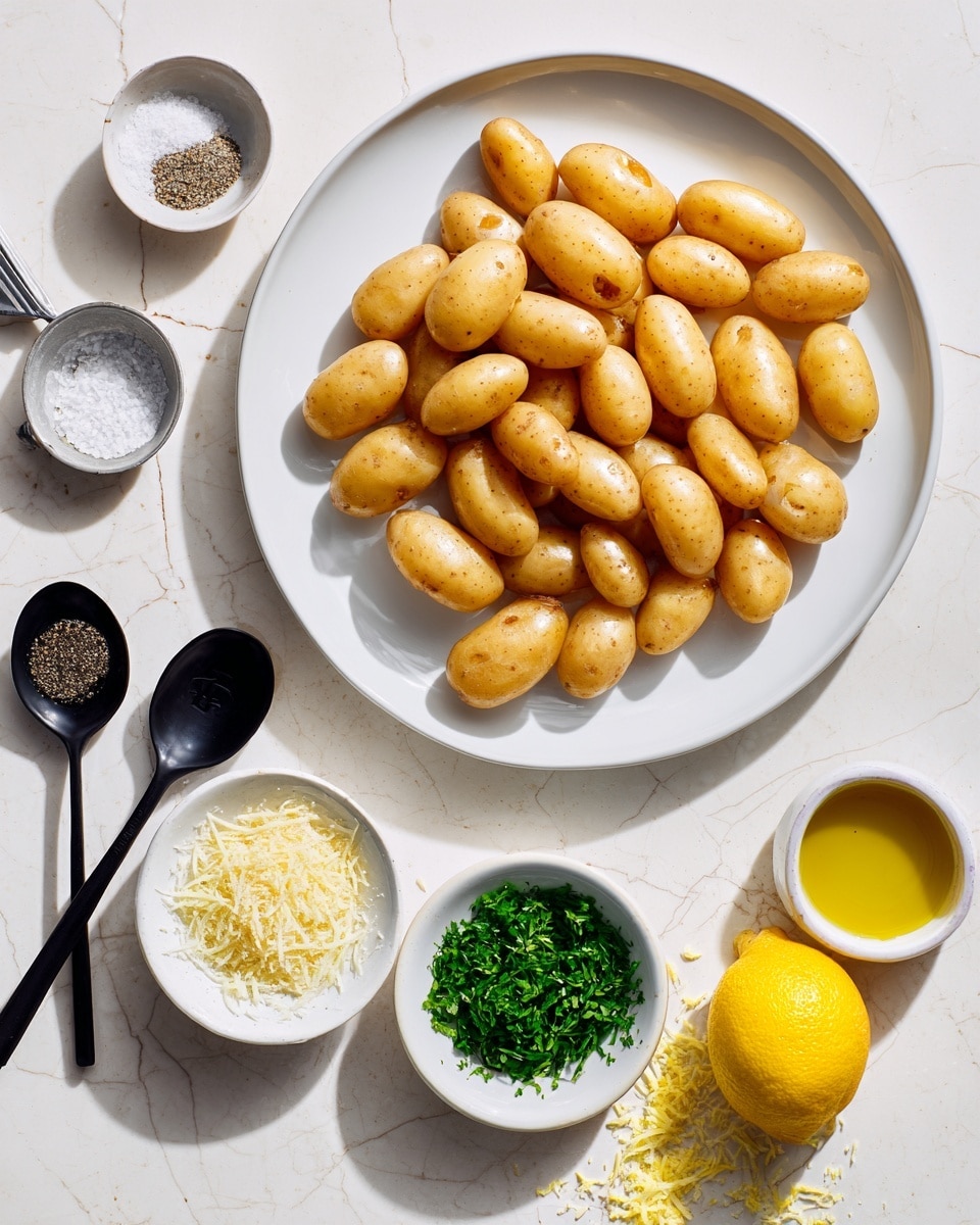 A white plate is full of small, light tan fingerling potatoes with a smooth, slightly shiny skin. To the top right of the plate is a small white bowl filled with golden avocado oil. Below it are two black spoons, one holding coarse white salt and the other black pepper. In the bottom half of the image, a silver measuring spoon holds dark truffle oil on the left, next to a small black spoon with white truffle salt. In the center, a small white bowl has grated, pale yellow Parmesan cheese. To the right of that is a small white bowl with bright green chopped parsley. At the bottom right, a yellow lemon with some zest scattered nearby finishes the layout. The surface beneath is a white marbled texture. Photo taken with an iphone --ar 4:5 --v 7