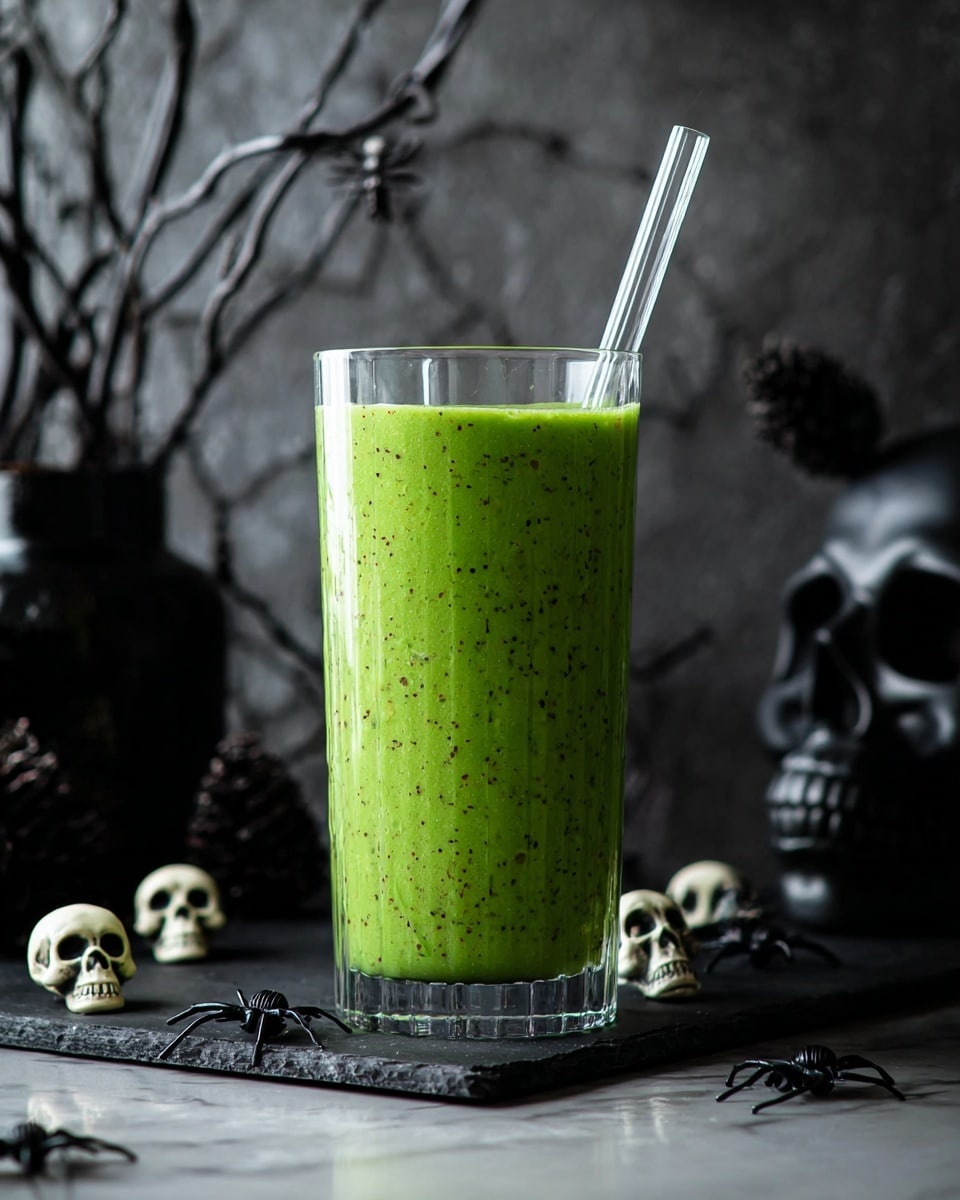 A tall clear glass filled with a bright green smoothie with small dark specks inside is shown, the smoothie reaches just above the rim and drips slightly down one side. The front of the glass has a simple black face drawn on it, with two half-closed eyes, a stitched scar above the left eye, and a wide smile. The top of the smoothie is decorated with a few blackberries piled neatly around a clear straw, which leans slightly to the right. The glass sits on a dark stone surface with scattered blackberries, and in the background, there is a dark blurred backdrop with clusters of blackberries hanging. photo taken with an iphone --ar 4:5 --v 7