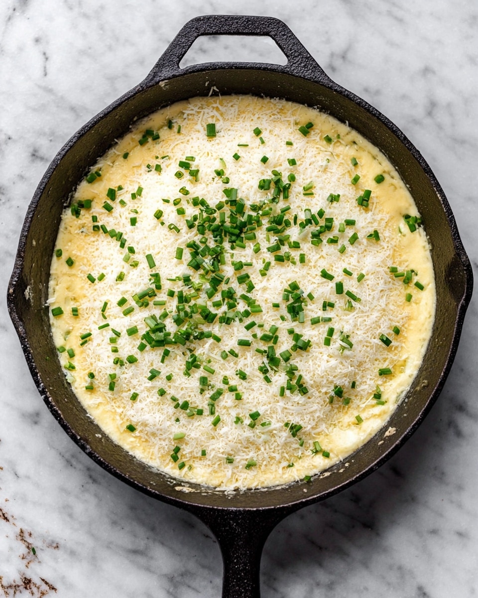 A round black cast iron pan filled with a creamy, yellow base layer. On top of this is a generous layer of finely grated white cheese covering almost the whole surface. The cheese layer is sprinkled evenly with small pieces of fresh, bright green chives. The pan is placed on a white marbled surface with a slightly worn texture. Photo taken with an iphone --ar 4:5 --v 7