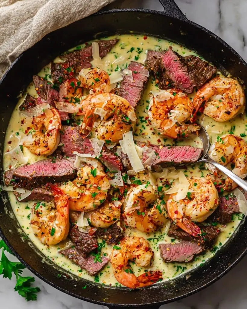 Steak and Shrimp Skillet with Garlic Parmesan Cream Sauce Recipe