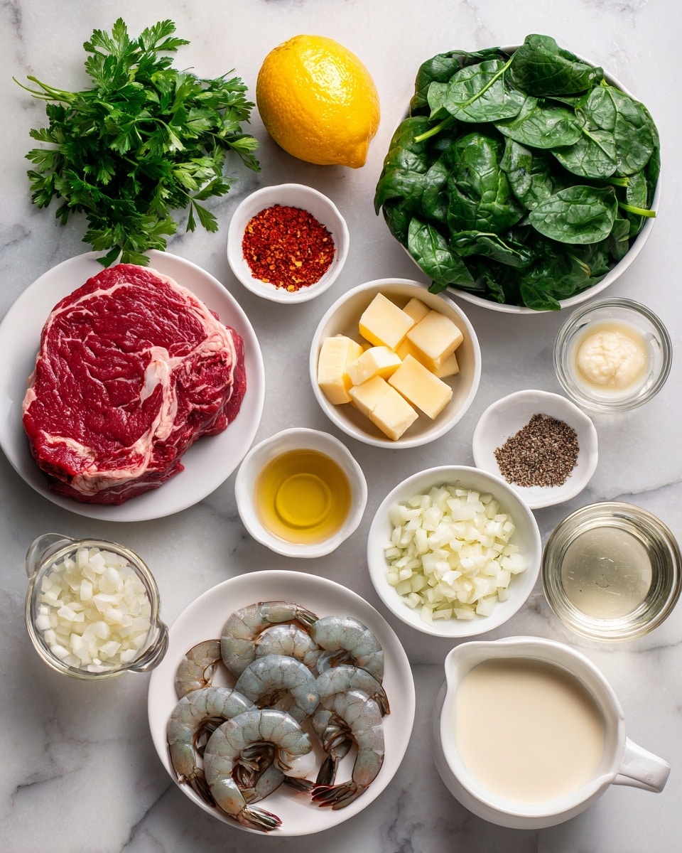 The image shows an arrangement of fresh ingredients on a white marbled surface, each in a white bowl or plate except where noted. Starting at the top left, there is a bunch of green parsley with bright leaves, next to a small white bowl with bright red smoked paprika and another small white bowl with crushed red pepper flakes. Below them is a whole yellow lemon. To the right is a large white bowl full of dark green spinach leaves. Above that is a small white bowl filled with minced garlic, and below is a small white jug containing light cream, next to a small white bowl holding yellow butter cubes. Moving downward, a white plate with a thick cut of marbled raw steak sits beside a tiny white container of olive oil. In the center is a white bowl overflowing with finely chopped white onions. Below and to the left, a small white bowl holds coarse grated Parmesan cheese. Another small white bowl contains salt, and a similar size bowl holds ground black pepper. Next to these is a small glass container filled with clear broth or stock. Near the top left center, several raw shrimp with grayish blue shells curve relaxed in a white scalloped bowl. The combination of the fresh colorful ingredients creates a prepared cooking scene. Photo taken with an iphone --ar 4:5 --v 7