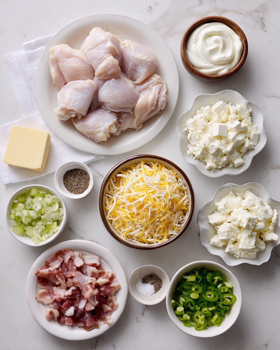 The image shows various ingredients arranged neatly on a white marbled surface, each in a white or neutral-toned bowl or plate. There is a large white plate filled with raw chicken thighs, showing light pink meat with some fat. Next to it, a brown-rimmed white bowl holds a large amount of shredded yellow and white cheese, labeled as Colby jack or cheddar cheese. Above, a small white bowl is filled with creamy white sour cream with a smooth texture. To the right, there is a white scalloped bowl filled with white cream cheese chunks and another scalloped bowl with finely chopped white onions. A small white dish contains black pepper, and a small wooden bowl has finely chopped yellow garlic. On the left, a white plate holds diced bacon with visible pink and white layers of fat and meat. Two small white bowls show different forms of green jalapeños, one chopped into small pieces and the other sliced into rounds. Another small white bowl is filled with chopped green onions. A small wooden bowl contains coarse kosher salt, and near the top, a small square piece of yellow butter rests on translucent paper. The overall layout is simple and organized with soft natural lighting, photo taken with an iphone --ar 4:5 --v 7