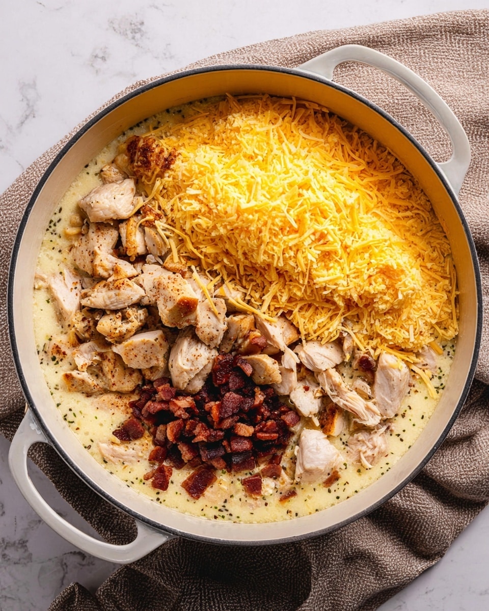 A white pot filled with three main layers: the bottom layer is a creamy, pale yellow mixture with specks of herbs, the middle layer consists of medium-sized pieces of cooked light brown chicken, and the top layer is a thick pile of finely shredded yellow cheese. On one side of the pot, small dark brown cubes, likely crispy bacon, sit on the creamy base. The pot rests on a textured pale brown cloth on a white marbled surface. Photo taken with an iphone --ar 4:5 --v 7