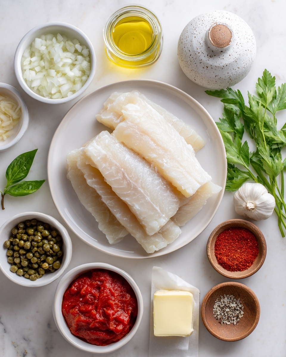 The image shows a white plate with a stack of raw cod fillets, pale beige and slightly translucent, placed in the center on a white marbled surface. Surrounding the plate are small white bowls and piles of ingredients: finely chopped white onions in a bowl at the top left, green basil leaves on the lower left, a bowl of green-brown capers near the bottom left, a bowl of bright red crushed tomatoes and a smaller bowl of thick, dark red tomato paste below the plate. A small bowl with a pale yellow slab of butter sits near the bottom center. At the top right, there is a small, white speckled container with golden olive oil, a bulb of white garlic, and fresh green parsley in a clear jar. A small bowl with crushed green oregano, a small wooden bowl filled with white kosher salt, and three tiny bowls filled with red pepper flakes, black pepper, and bright yellow lemons arranged from top to bottom complete the scene. The overall setting is clean with all items neatly placed. Photo taken with an iphone --ar 4:5 --v 7