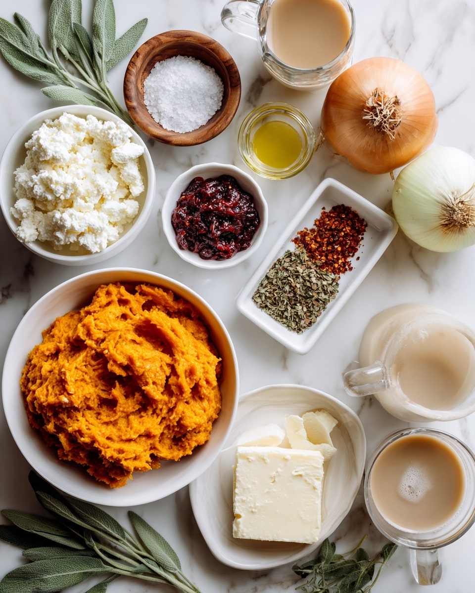The image shows various ingredients laid out on a smooth white marbled surface. In the center, there is a white bowl filled with bright orange pumpkin puree. Surrounding it are smaller white bowls holding creamy white ricotta cheese, deep red tomato paste, green dried thyme and sage mixed with red pepper flakes and brown nutmeg, and golden olive oil. There is also a wooden bowl with white kosher salt, a white dish with a square piece of unsalted butter, and two whole yellow onions and a white garlic bulb placed directly on the surface. Next to the bowls are two glass cups filled with creamy half and half milk and light brown chicken broth. Fresh green sage leaves are placed near the bottom left. The overall scene is neat and the colors contrast well against the white marbled background, showing raw ingredients for a savory dish photo taken with an iphone --ar 4:5 --v 7