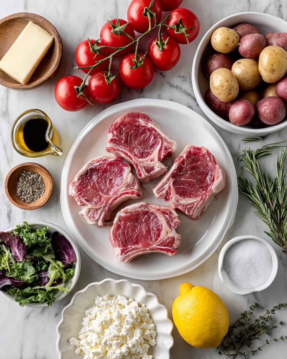 A flat lay of fresh ingredients arranged on a white marbled surface, featuring a white round plate in the center holding six raw lamb chops with a red and pink marbled texture, surrounded by a cluster of bright red tomatoes on the vine above. To the right, a white bowl filled with small red potatoes and a small white bowl containing black pepper sit next to sprigs of rosemary and a whole garlic bulb. Below, a white scalloped bowl holds crumbly white feta cheese, next to a whole yellow lemon and a wooden bowl filled with white kosher salt. In the bottom left corner, a white bowl is filled with leafy green and purple spring mix. On the left side, a small white plate holds a stick of unsalted butter, with a sprig of thyme nearby and a small white jug filled with olive oil above it. A small bottle of balsamic glaze is placed near the bottom left corner, with a whole onion near the bottom right. photo taken with an iphone --ar 4:5 --v 7