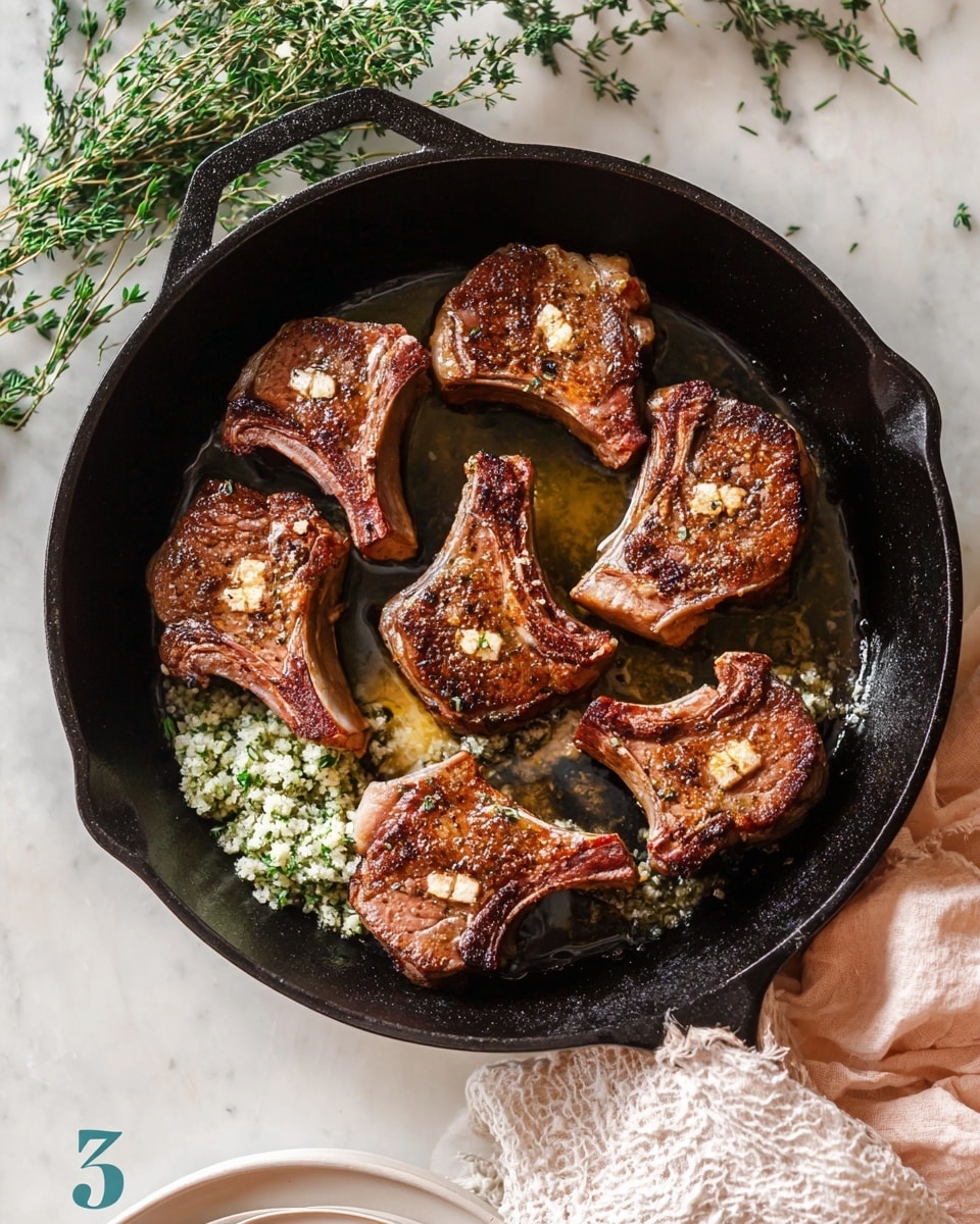 The image shows a black cast iron pan with seven browned lamb chops sizzling in melted butter. The chops have a golden crust with visible grill marks and small bone in the center of each. In one corner of the pan, there is a cluster of minced garlic and green herbs, likely rosemary and thyme, fresh and finely chopped. The pan rests on a white marbled surface with sprigs of fresh herbs around it, and a soft white textured cloth is partially visible nearby. There is a small white plate at the bottom edge of the image. photo taken with an iphone --ar 4:5 --v 7