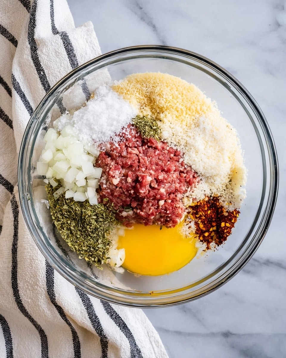 A clear glass bowl sits on a white marbled surface with a white and black striped cloth beside it. Inside the bowl, the ingredients are layered for mixing: in the center is a mound of reddish ground meat. Surrounding it are evenly spread layers of white chopped onions at the top, a bright yellow raw egg yolk on the right, pale grated cheese on the left, and light brown breadcrumbs near the top left. There are also scattered green dried herbs around the meat, a small pile of white granulated salt above the egg yolk, finely minced pale garlic next to it, and a small amount of deep red chili flakes toward the bottom left. Each layer is distinct and textured, ready to be mixed together photo taken with an iphone --ar 4:5 --v 7