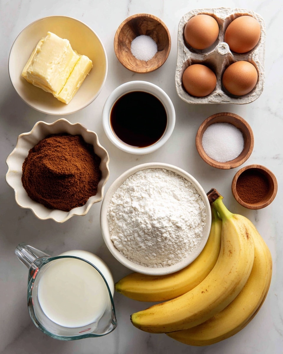 A flat lay image shows various baking ingredients arranged neatly on a white marbled surface. In the top left, a small white bowl holds a light yellow chunk of butter. To the right, two brown eggs rest in a white egg holder with three sections. Below the butter, a scalloped white bowl is filled with brown sugar, richly textured and mounded slightly. Next to it, a small white cup contains dark vanilla extract with a glossy surface. A round white bowl filled with white flour sits on the right side of the image. Below the flour, a small white jug contains dark rum. Three yellow bananas with minor brown spots lie in a light brown woven basket to the bottom right. Towards the bottom left, a clear measuring cup is filled with creamy white buttermilk. Small wooden bowls hold kosher salt, baking powder, and baking soda, all white and finely textured. A small white bowl contains brown cinnamon powder, completing the spread. The overall arrangement is clean and organized, with each ingredient clearly visible. Photo taken with an iphone --ar 4:5 --v 7