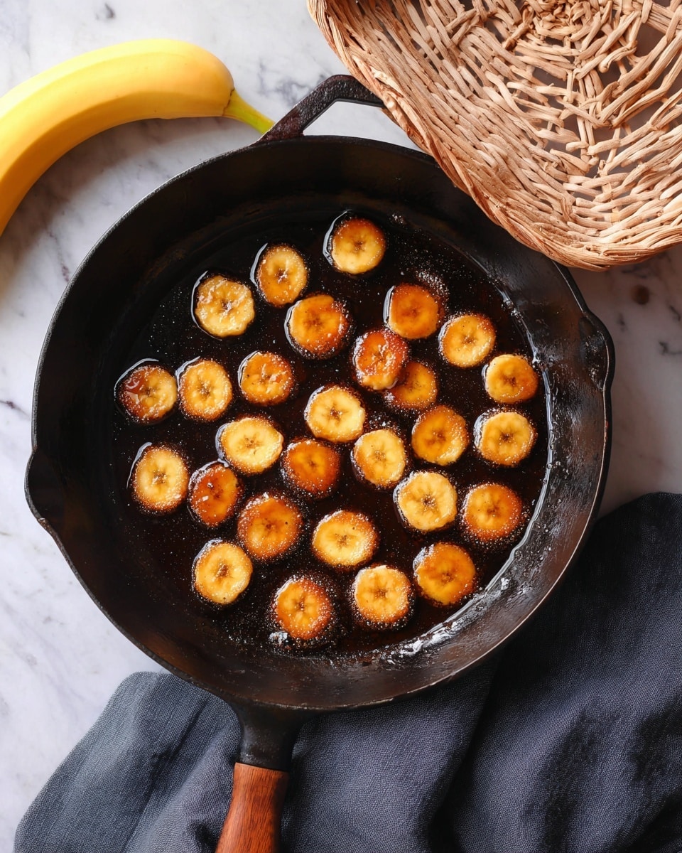 A black cast iron pan filled with evenly spaced, golden brown banana slices frying in shiny, dark syrup, placed on a white marbled surface. Above the pan, there is a white wicker basket holding a whole yellow banana. A dark grey cloth is partially visible underneath the pan handle at the bottom of the image. Photo taken with an iphone --ar 4:5 --v 7