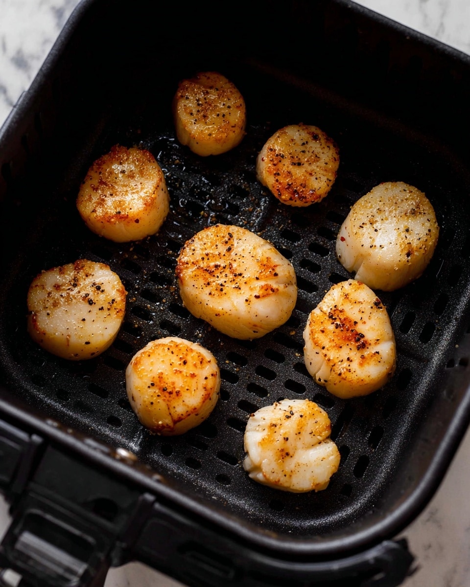 The image shows seven seasoned scallops inside a black air fryer basket. The scallops are light beige with a slightly shiny and glazed surface, sprinkled with black pepper and spices. They are evenly spaced, some showing a smooth, rounded top, while others reveal a textured edge. The air fryer basket has a grid pattern at the bottom and a matte finish. The background is a white marbled texture. photo taken with an iphone --ar 4:5 --v 7