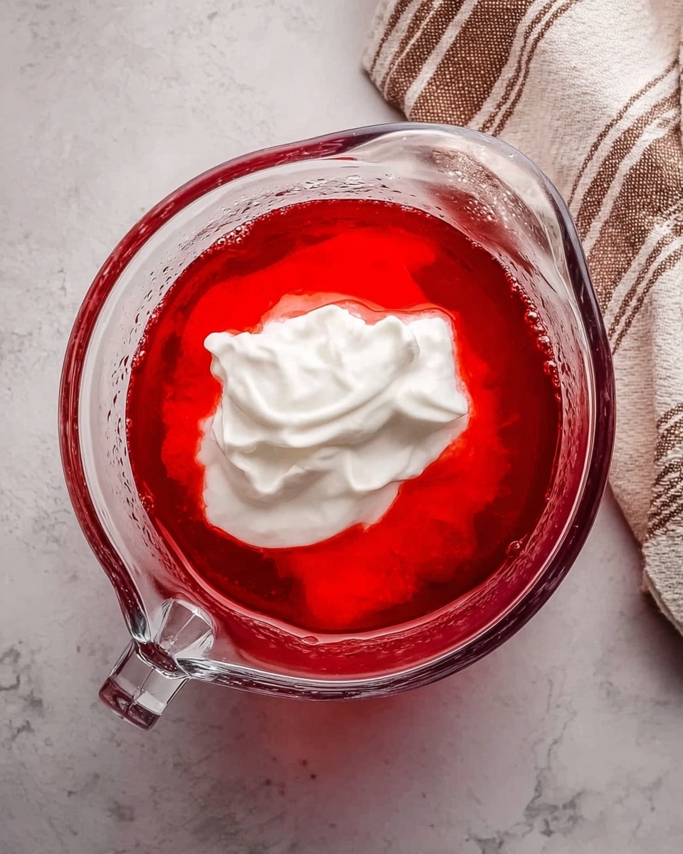A clear glass measuring cup filled with a bright red jelly layer topped with a dollop of smooth white cream in the center. The measuring cup is placed on a white marbled surface and a folded beige and brown striped cloth is seen in the top right corner. The red jelly has a glossy texture and the white cream looks soft and creamy. photo taken with an iphone --ar 4:5 --v 7