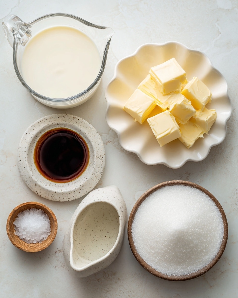 The image shows six different ingredients arranged on a white marbled surface. In the top left, there is a clear measuring cup filled with heavy cream, its smooth white liquid visible inside. To its right, a white scalloped bowl holds several chunks of pale yellow butter. Below the butter, a small white speckled bowl contains a dark brown vanilla extract. On the left below the cream, a small white speckled bowl with a pouring spout is filled with clear water. To the bottom left, a tiny wooden bowl holds a small amount of white kosher salt. Finally, on the bottom right, a white bowl with a brown rim is filled with fine white sugar. All items are neatly spaced apart on the clean surface. Photo taken with an iphone --ar 4:5 --v 7