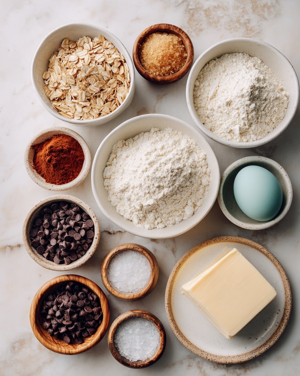 The image shows several small white bowls arranged on a white marbled surface, each containing different baking ingredients. From left to right and top to bottom, there is a white bowl with brown and beige muesli, a white bowl with light brown packed brown sugar, a white bowl with fine white sugar, a white bowl filled with white all-purpose flour, and another white bowl with small, dark chocolate chips. In the center are smaller bowls: one white bowl contains reddish cinnamon powder, another white bowl has white baking soda, and two wooden bowls hold coarse kosher salt and a blue-green egg respectively. At the bottom right, there is a white plate holding a square of pale unsalted butter. In the background, there is an opened beige package labeled