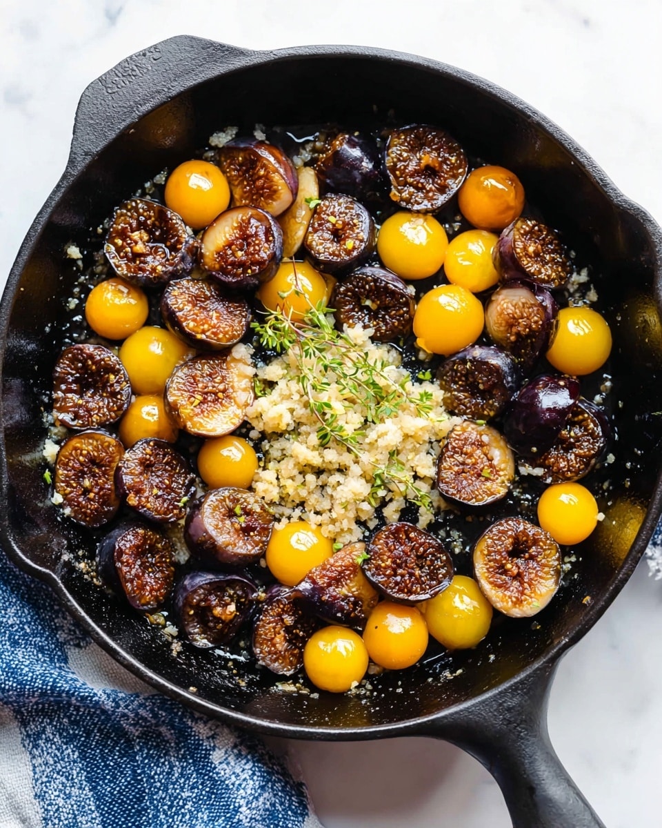 A close-up view of a black cast iron pan filled with cooked small mushrooms and whole yellow cherry tomatoes. The mushrooms are browned, some sliced in half showing a rich brown interior. The yellow tomatoes are whole and shiny, scattered evenly around the pan. There is a small pile of minced garlic placed in the center on top of the mushrooms and tomatoes. The surface underneath the pan is a white marbled texture, with blue and white cloth napkins partially visible under the pan's edge. The scene is bright and clean, showcasing the colors and textures of the ingredients well photo taken with an iphone --ar 4:5 --v 7