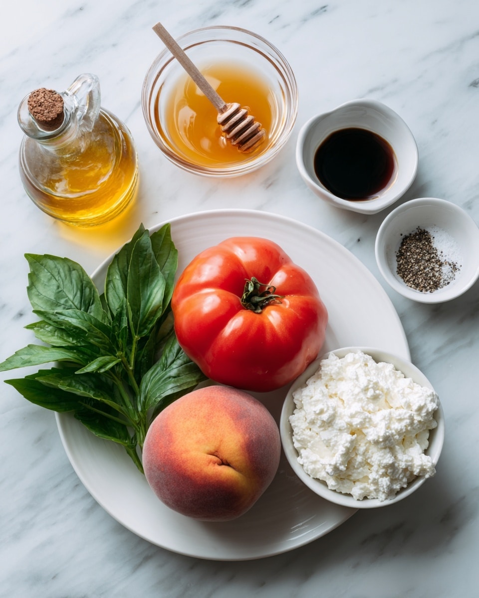 A white plate holds three main ingredients: a large, bright red tomato with smooth skin, a round peach with fuzzy orange and pink tones, and a fresh bunch of dark green basil leaves with visible veins, spread to one side on the plate. Next to the plate, there is a small white bowl filled with soft, white ricotta cheese. Surrounding the plate on the white marbled surface are a small glass bottle of golden olive oil with a cork, a clear glass bowl of golden honey with a wooden honey dipper resting inside, a clear glass bowl filled with dark brown balsamic vinegar, and a tiny white dish with coarse black pepper. photo taken with an iphone --ar 4:5 --v 7