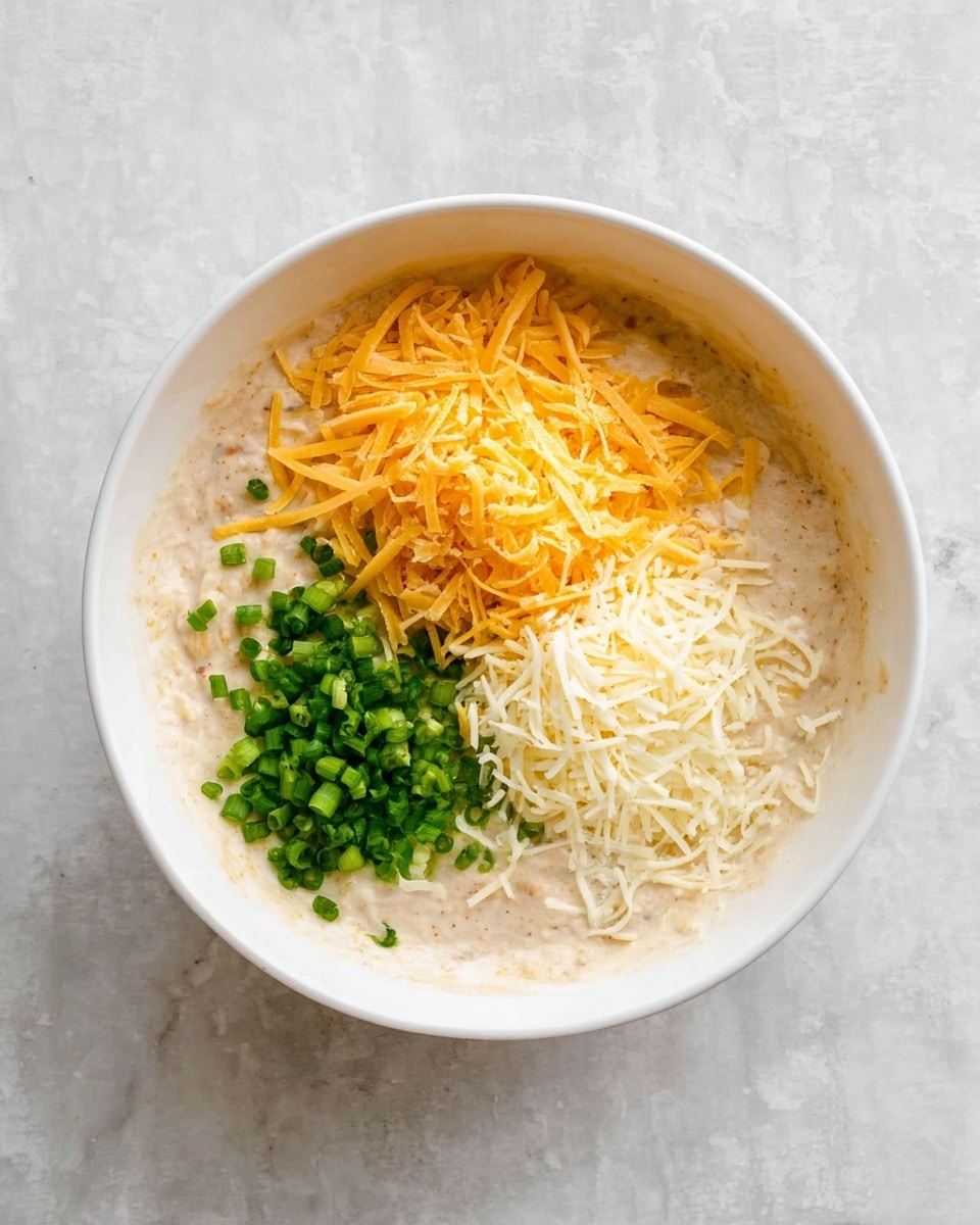 A white bowl sits on a white marbled surface, holding three main layers of ingredients. The base layer is a creamy, light beige mixture with a slightly thick texture, filling most of the bowl. On top to the right, there is a small pile of shredded white cheese with a soft, stringy look. Below this is a larger pile of shredded yellow-orange cheese, slightly spread out with fine strands. To the upper left, fresh chopped green onions add a pop of bright green color to the dish. The ingredients are neatly arranged but not mixed yet. Photo taken with an iphone --ar 4:5 --v 7