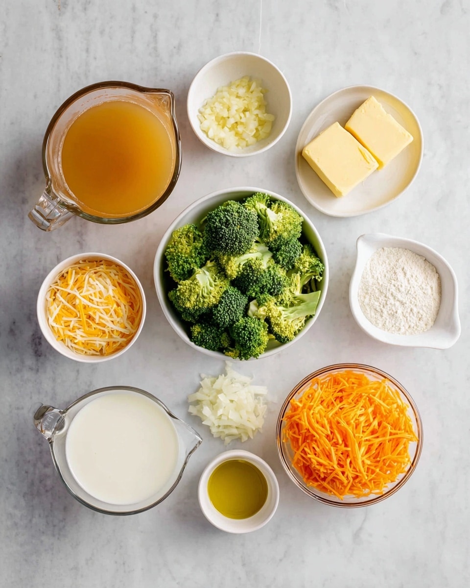 The image shows nine small containers and measuring cups with different food ingredients placed on a white marbled surface. Starting from the top left, there is a clear glass measuring cup filled with light brown broth, next to it a small clear bowl of minced garlic. To the right is a small white bowl with two sticks of light yellow butter. Below the butter is a deep white bowl filled with fresh green broccoli florets. To the left of broccoli is a large clear glass measuring cup with white cream. Below that is a white bowl filled with shredded orange cheese, next to it on the right is a small white cup with golden olive oil. Below the cheese, on the left side, is a small white bowl with chopped white onions. Next to it on the right is a small white bowl filled with white flour, and to the far right, a white measuring cup with shredded bright orange carrots. All items are clearly distinct, showing a neat layout. Photo taken with an iphone --ar 4:5 --v 7